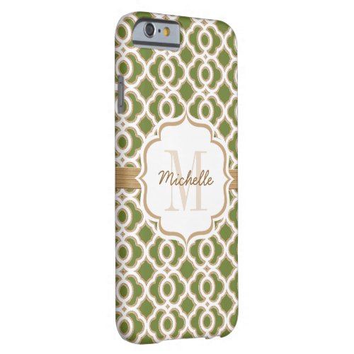 Monogram Olive Green and Gold Quatrefoil Barely There iPhone 6 Case