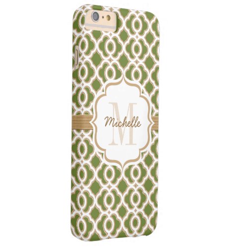 Monogram Olive Green and Gold Quatrefoil Barely There iPhone 6 Plus Case