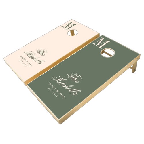 Monogram Olive Green Beige Script Wedding Cornhole Set