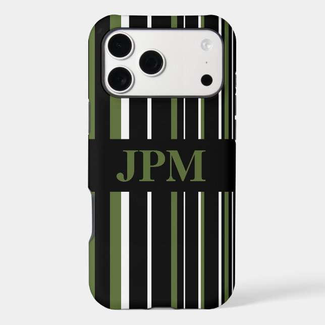 Monogram Olive Green, Black Barcode Stripe Case-Mate iPhone Case (Back)