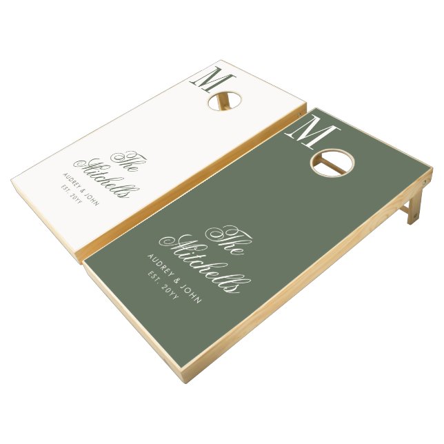 Monogram Olive Green  Ivory Script Wedding Cornhole Set (Angled)