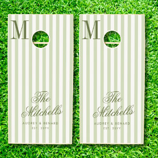 Monogram Olive Green Ivory Stripes Wedding Cornhole Set
