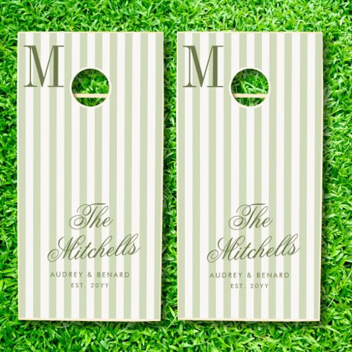 Monogram Olive Green Ivory Stripes Wedding Cornhole Set