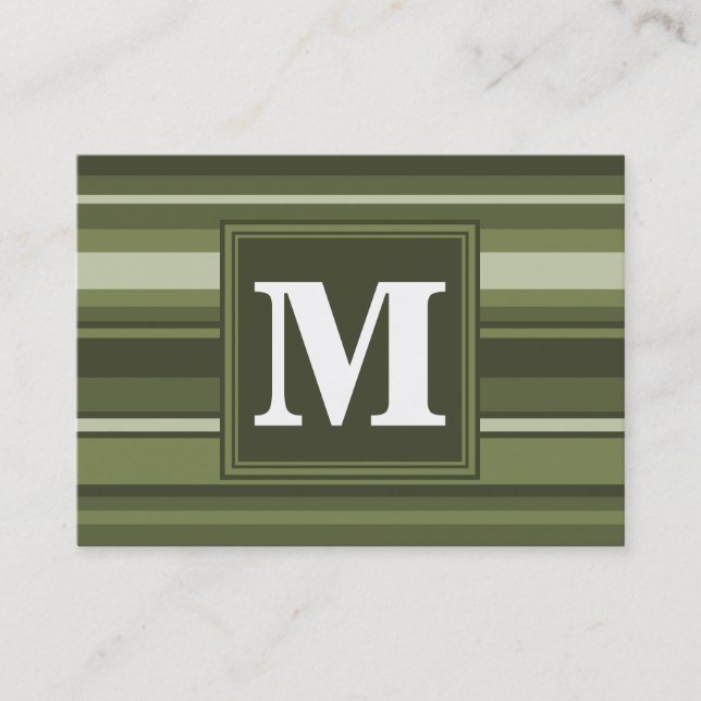 Monogram olive green stripes business card (Front)
