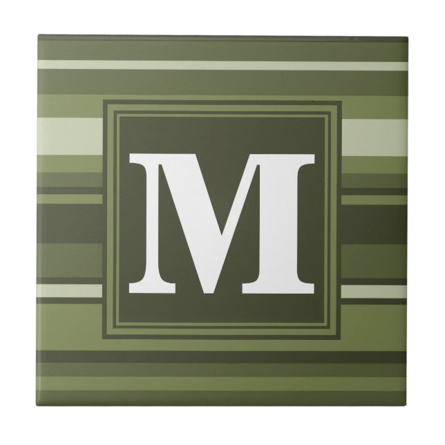 Monogram olive green stripes ceramic tile (Front)