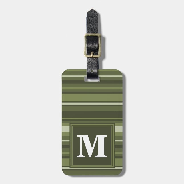 Monogram olive green stripes luggage tag (Front Vertical)