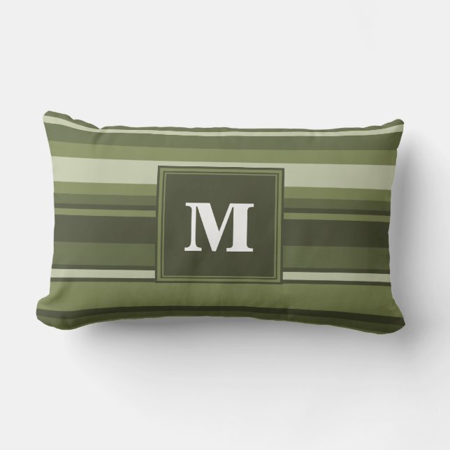 Monogram olive green stripes lumbar pillow (Front)