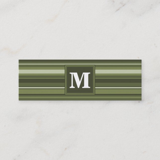 Monogram olive green stripes mini business card (Front)