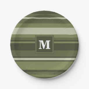 Monogram olive green stripes paper plates