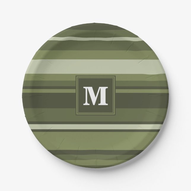 Monogram olive green stripes paper plates (Front)
