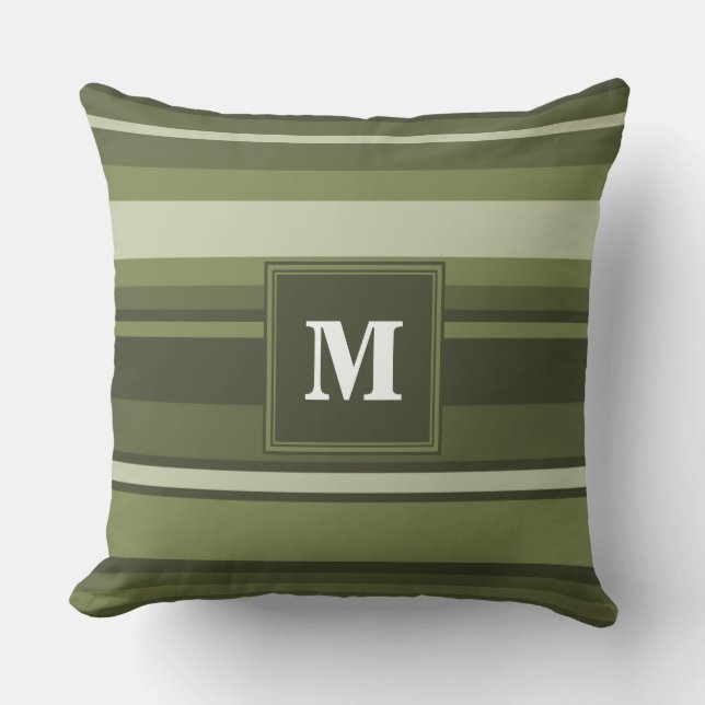 Monogram olive green stripes throw pillow (Front)