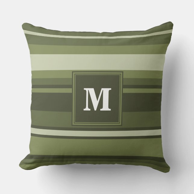 Monogram olive green stripes throw pillow (Front)