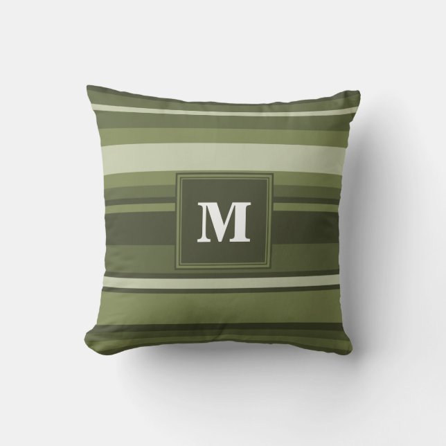Monogram olive green stripes throw pillow (Front)