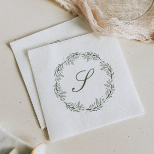 Monogram Olive Green Wreath Classic Script Wedding Napkins