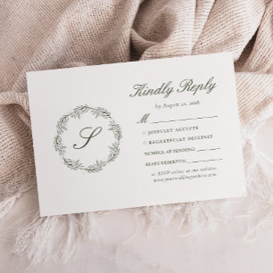 Monogram Olive Green Wreath Wedding RSVP Card