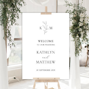Monogram Olive Leaf Modern Wedding Welcome Sign