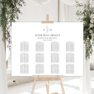 Monogram Olive Leaf Wedding 12 Table Seating Chart