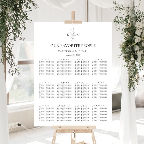 Monogram Olive Leaf Wedding 12 Table Seating Chart