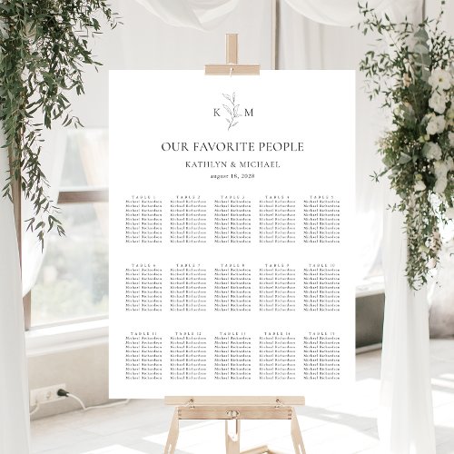 Monogram Olive Leaf Wedding 15 Table Seating Chart