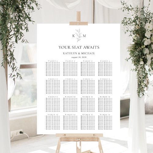 Monogram Olive Leaf Wedding 16 Table Seating Chart