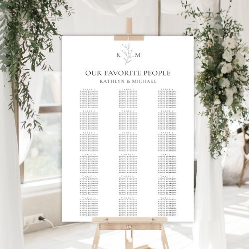 Monogram Olive Leaf Wedding 18 Table Seating Chart