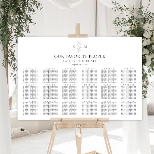 Monogram Olive Leaf Wedding 18 Table Seating Chart