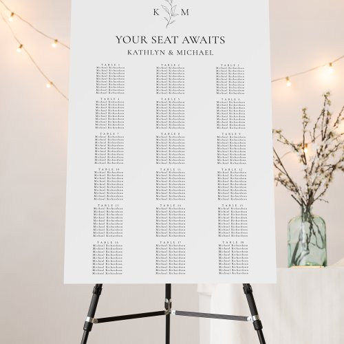 Monogram Olive Leaf Wedding 18 Table Seating Chart Foam Board