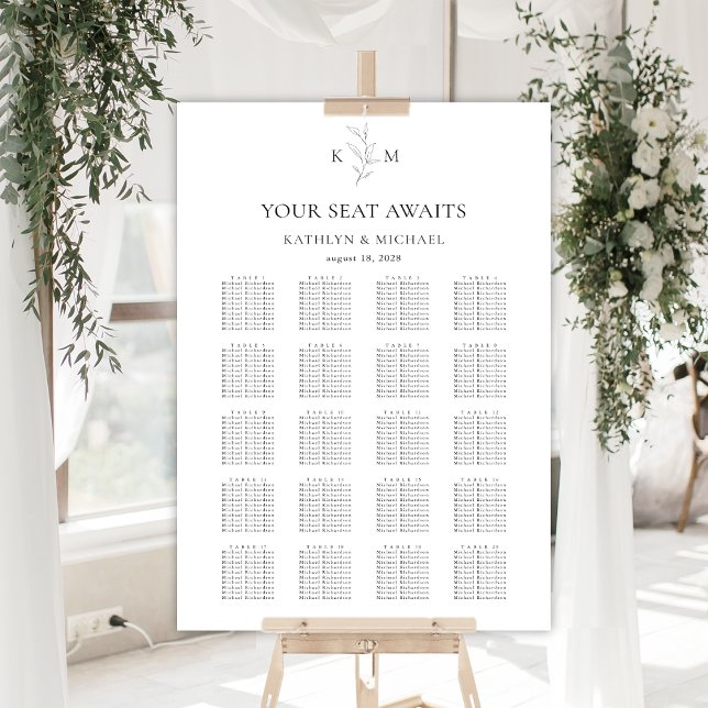 Monogram Olive Leaf Wedding 20 Table Seating Chart (Creator Uploaded)