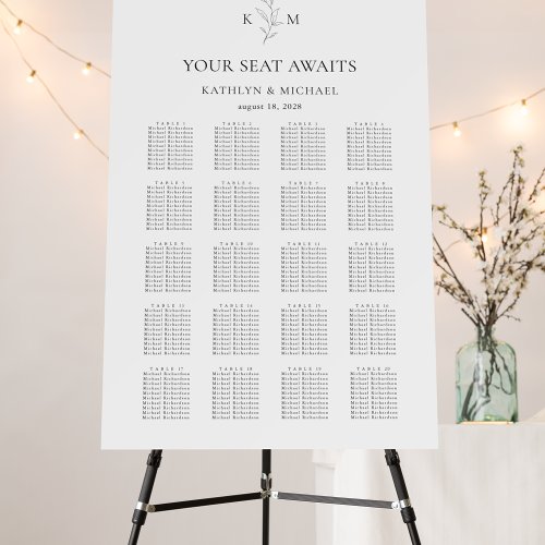 Monogram Olive Leaf Wedding 20 Table Seating Chart Foam Board