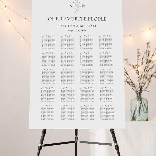 Monogram Olive Leaf Wedding 20 Table Seating Chart Foam Board (Creator Uploaded)