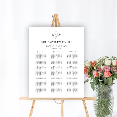 Monogram Olive Leaf Wedding 9 Table Seating Charts