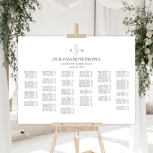 Monogram Olive Leaf Wedding Alphabetical Seating Poster