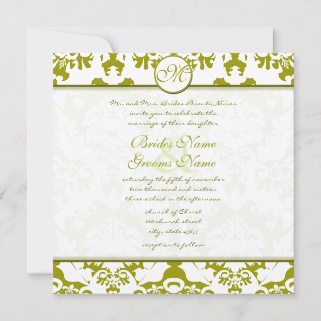 Monogram Olive Lime Damask Wedding Invitation (Front)