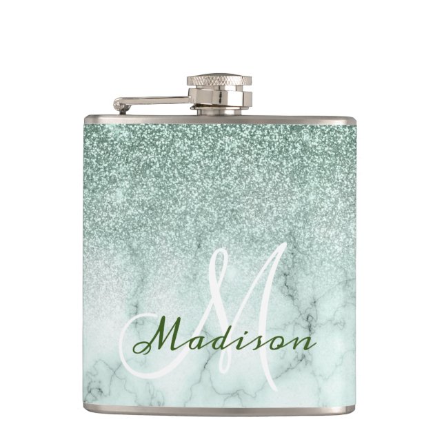 Monogram Ombre Mint Green Marble Glitter Flask (Front)