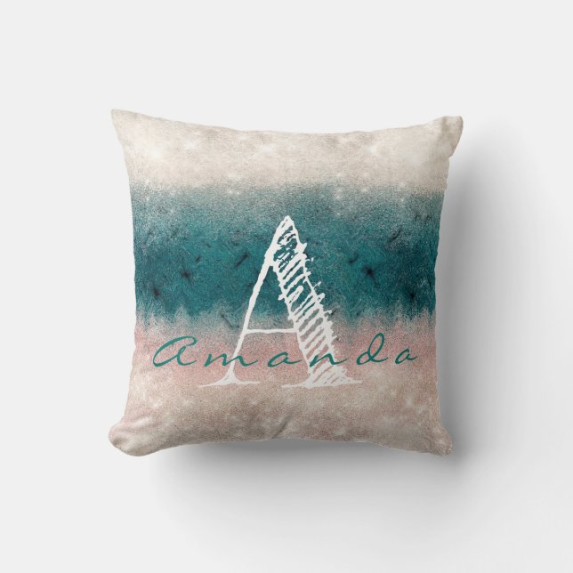 Monogram Ombre Name Ivory Beige Pastel Teal White Throw Pillow (Front)