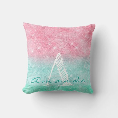 Monogram Ombre Name Pink Ocean Pastel Spark Girly Throw Pillow