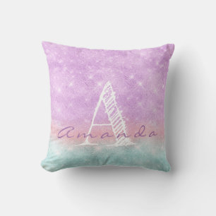 Monogram Ombre Name Purple Blue Pastel Watercolor Throw Pillow