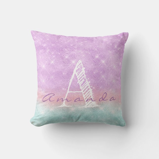 Monogram Ombre Name Purple Blue Pastel Watercolor Throw Pillow (Front)