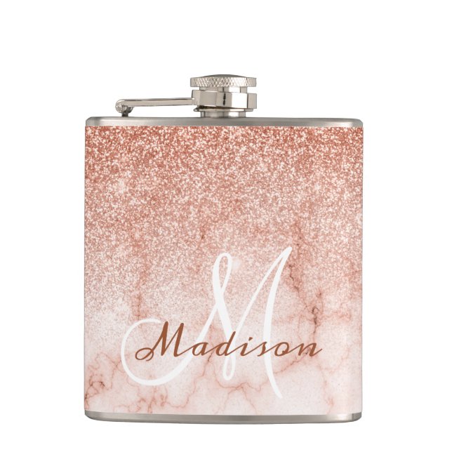 Monogram Ombre Rose Gold Marble Glitter Flask (Front)
