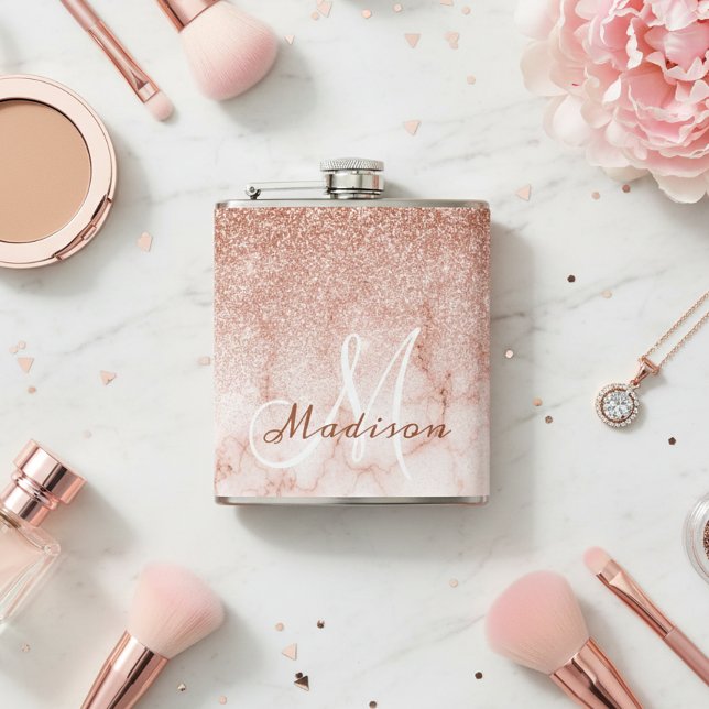 Monogram Ombre Rose Gold Marble Glitter Flask (Creator Uploaded)