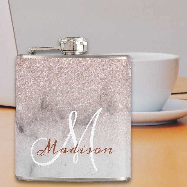 Monogram Ombre Rose Gold Marble Glitter Flask (Creator Uploaded)