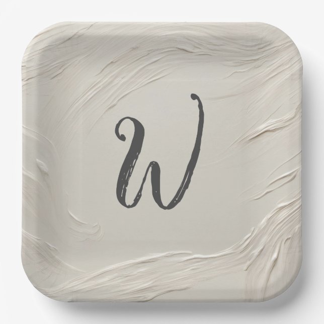 Monogram On Abstract Ivory Texture Paper Plates (Front)