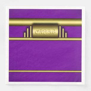 Monogram on art deco gold and royal purple paper dinner napkins