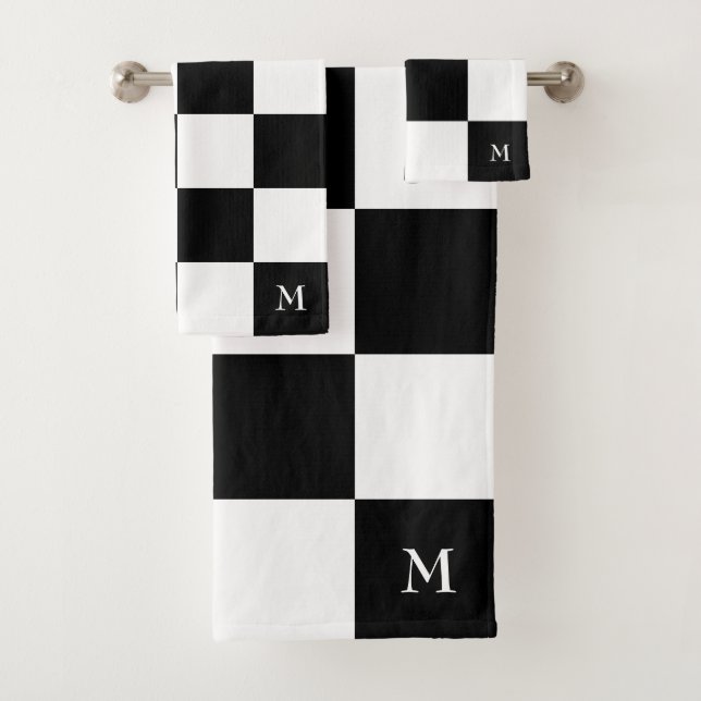 Monogram on Black and White Checkered Pattern Bath Towel Set (Insitu)