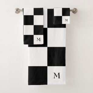 Monogram on Black and White Checkered Pattern Bath Towel Set