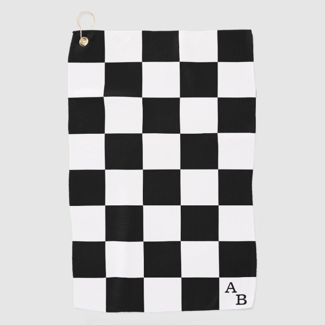 Monogram on Black and White Checkered Pattern Golf Towel (Front)