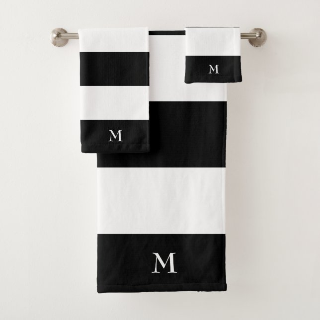 Monogram on Black and White Striped Bath Towel Set (Insitu)