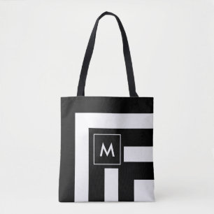 Monogram on Black and White Striped Tote Bag