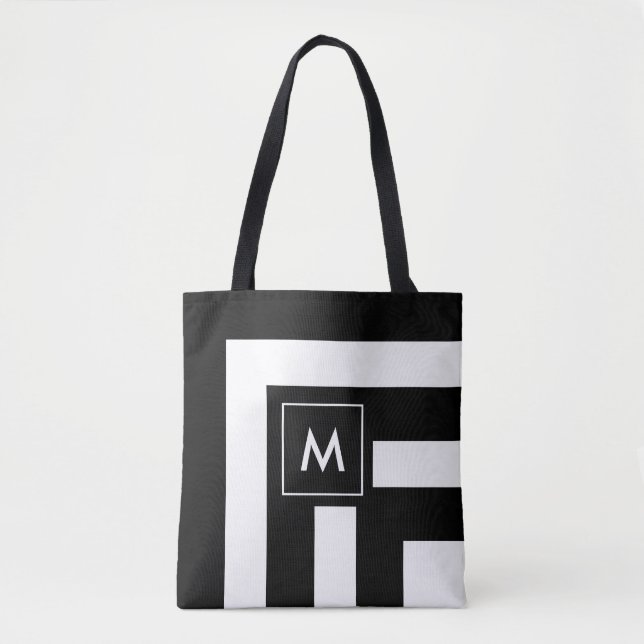 Monogram on Black and White Striped Tote Bag (Front)