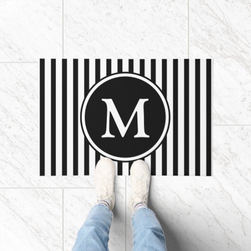 Monogram On Black And White Stripes Doormat